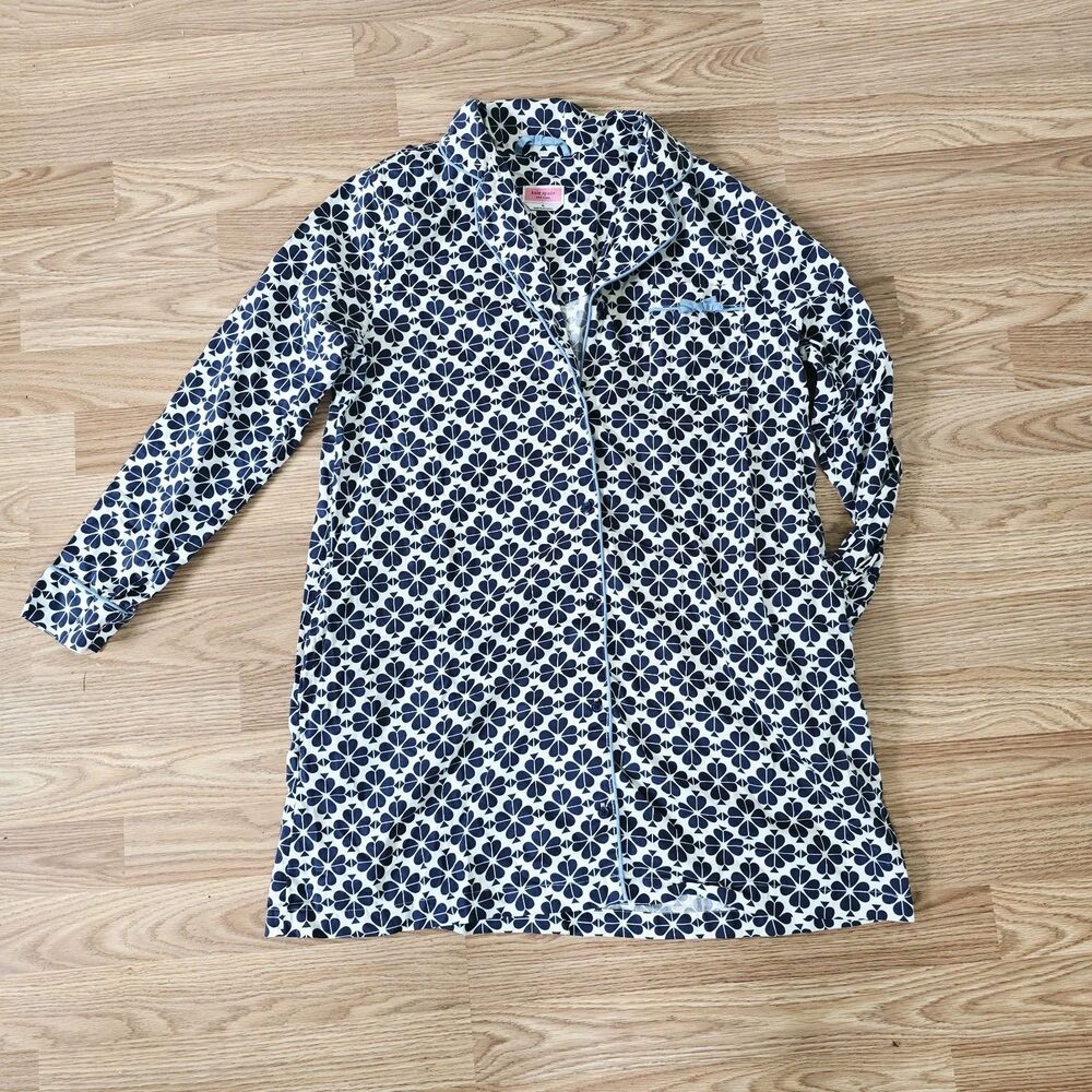 Kate Spade Floral Nightgown Lounge Shirt Dress SZ M Blue Long Sleeve Pocket